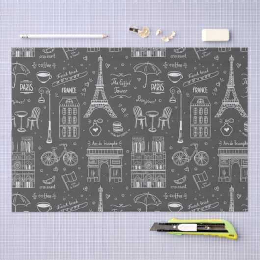 Whimsical Paris Doodles Pattern Seidenpapier (Handwerk)