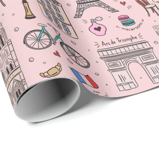 Whimsical Paris Doodles Pink Wrapping Paper Geschenkpapier (Rolleneckpunkt)