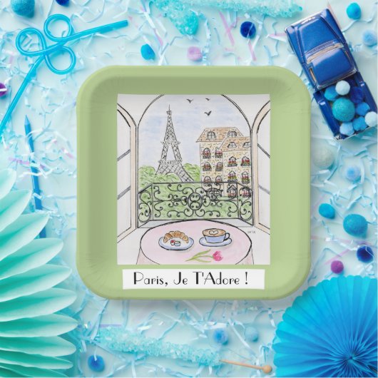 Whimsical Paris Eiffel Tower I Adore You! Pappteller (Party)