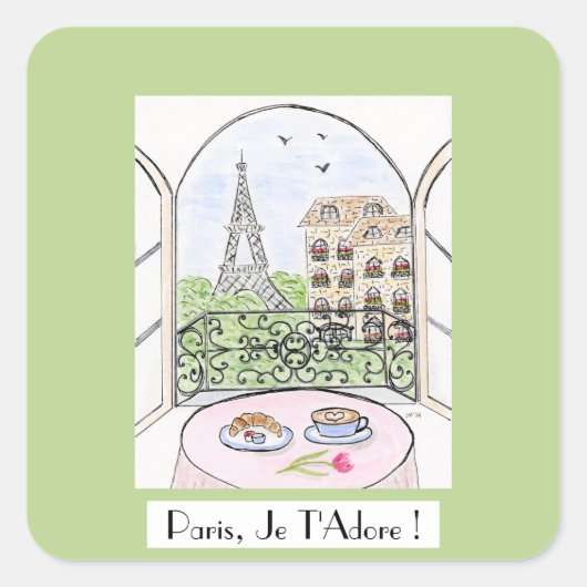 Whimsical Paris Eiffel Tower PARIS JE T'ADORE Quadratischer Aufkleber (Vorderseite)