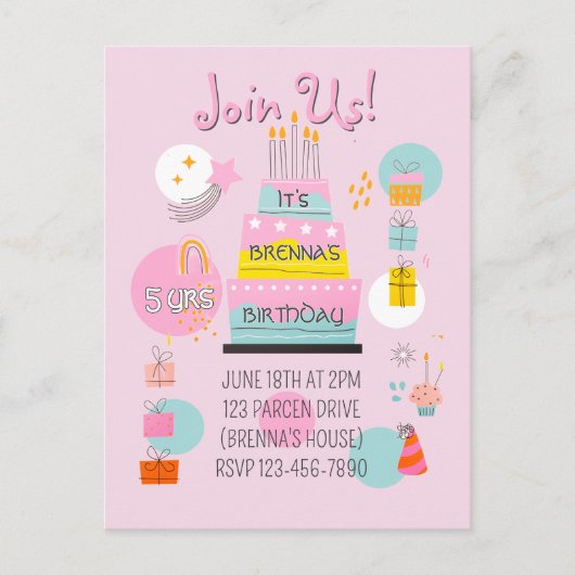 Whimsical Partytime Kids Brithday Einladung Postkarte (Vorderseite)