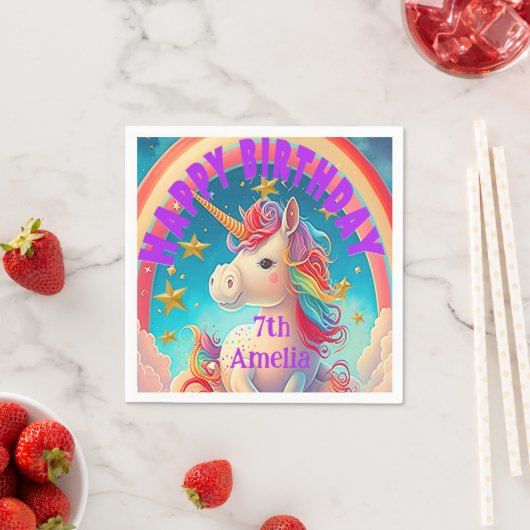 Whimsical Pastel Birthday Unicorn Themengebäck Par Serviette (Beispiel)