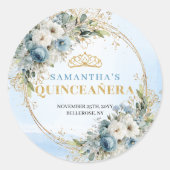 Whimsical Pastel Blue Gold Eucalyptus Quinceañera Runder Aufkleber (Vorderseite)