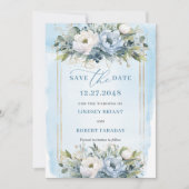 Whimsical Pastel Blue White Gold Blume Rett Datum Einladung (Vorderseite)