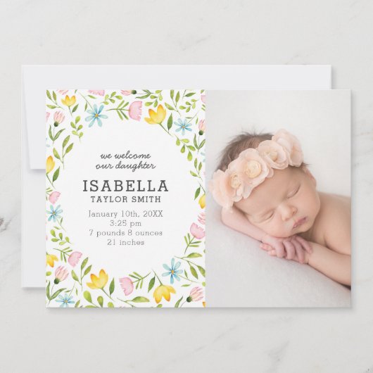 Whimsical Pastel Blume Baby Foto Birth Ankündigung (Vorderseite)