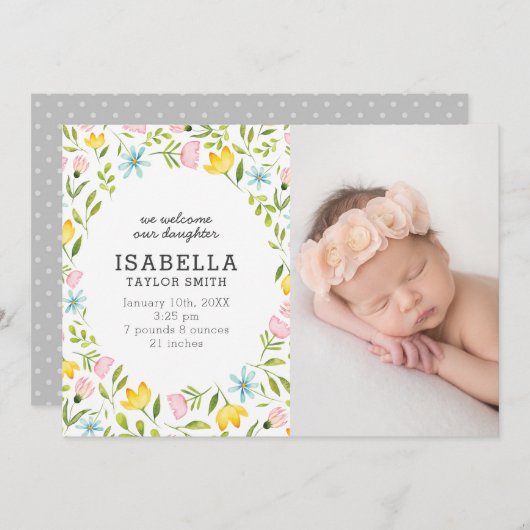Whimsical Pastel Blume Baby Foto Birth Ankündigung (Vorne/Hinten)