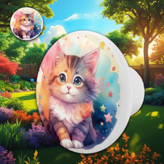 Whimsical Pastel Cartoon Cat with Stars Watercolor Keramikknauf