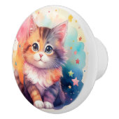 Whimsical Pastel Cartoon Cat with Stars Watercolor Keramikknauf (Rechts)