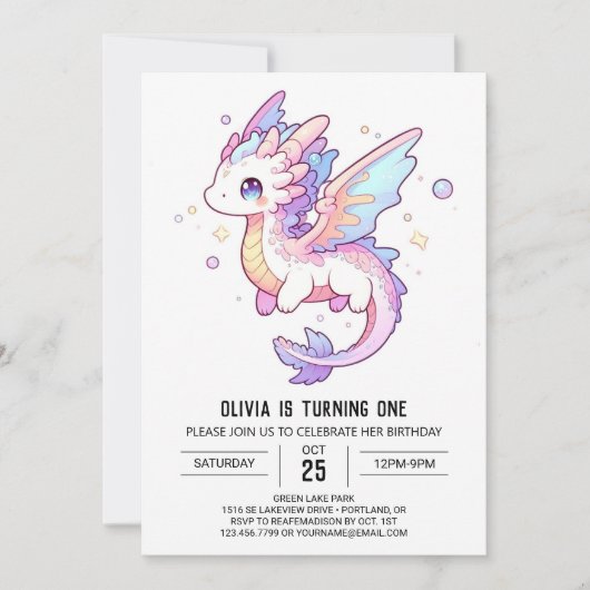 Whimsical Pastel Dragon 1. Geburtstag Einladung (Vorderseite)
