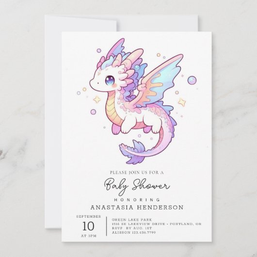 Whimsical Pastel Dragon Baby Dusche Einladung (Vorderseite)