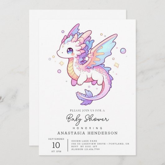 Whimsical Pastel Dragon Baby Dusche Einladung (Vorne/Hinten)