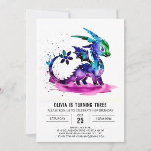 Whimsical Pastel Dragon Digital Girl zum Geburtsta Einladung