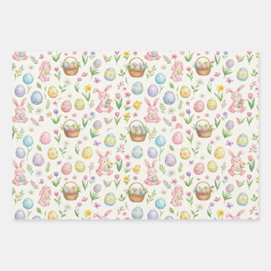 Whimsical Pastel Easter Bunny & Floral Pattern Geschenkpapier Set (Vorderseite)