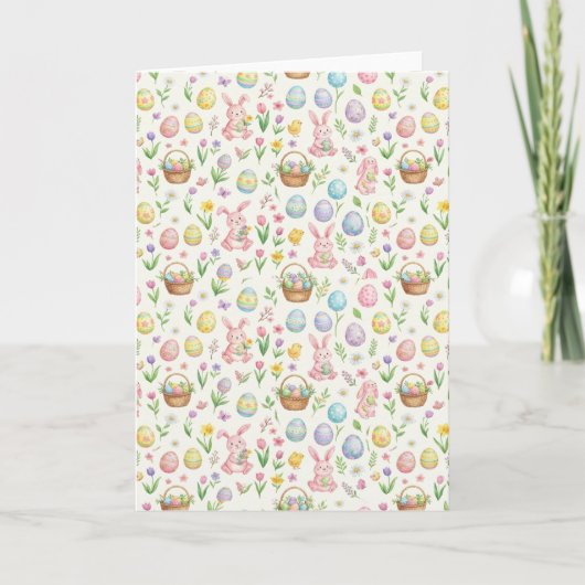 Whimsical Pastel Easter Bunny & Floral Pattern Karte (Vorderseite)