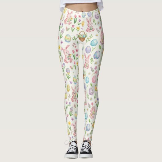 Whimsical Pastel Easter Bunny & Floral Pattern Leggings (Vorderseite)