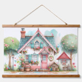 Whimsical Pastel Fairy Tale Hütte Wandteppich Mit Holzrahmen (Vorne)