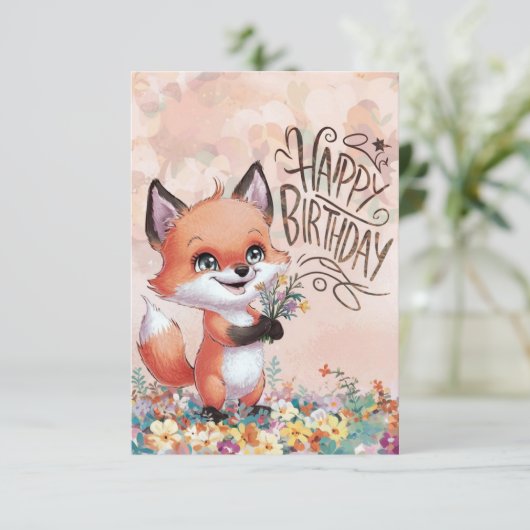 Whimsical Pastel Fox Geburtstag Karte (Stehend Vorderseite)