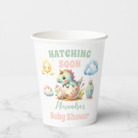 Whimsical Pastel Hatching Bald Dino Baby Dusche Pappbecher (Rückseite)