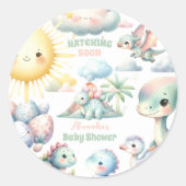 Whimsical Pastel Hatching Bald Dino Baby Dusche Runder Aufkleber (Vorderseite)