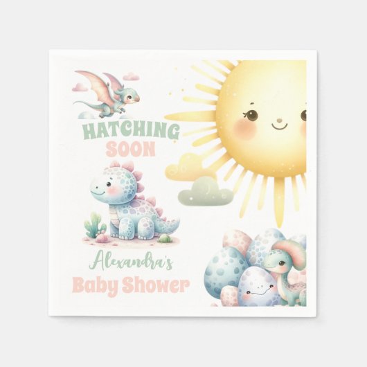 Whimsical Pastel Hatching Bald Dino Baby Dusche Serviette (Vorderseite)