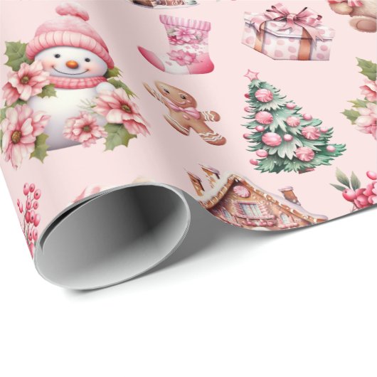 Whimsical Pastel Pink Weihnachtsmuster - Schneemän Geschenkpapier (Rolleneckpunkt)