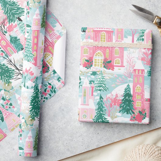Whimsical Pastel Pink Winterstadt Weihnachten Geschenkpapier