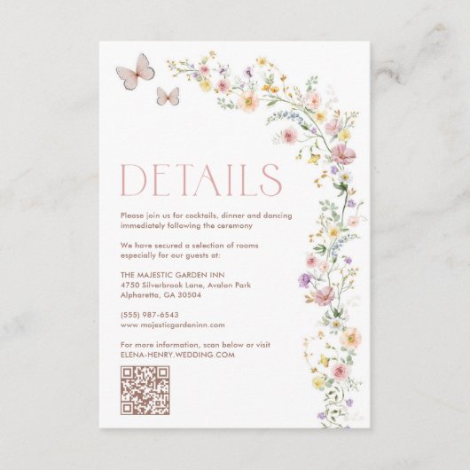 Whimsical Pastel Spring Wildblume Hochzeitdetails Begleitkarte (Vorderseite)