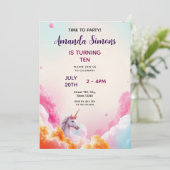 Whimsical Pastel Unicorn Cloud Girly 10th Birthday Einladung (Stehend Vorderseite)