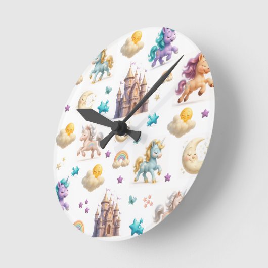 Whimsical Pastel Unicorns und Burgen Fantasy Runde Wanduhr (Winkel)