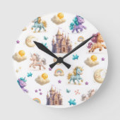 Whimsical Pastel Unicorns und Burgen Fantasy Runde Wanduhr (Vorderseite)