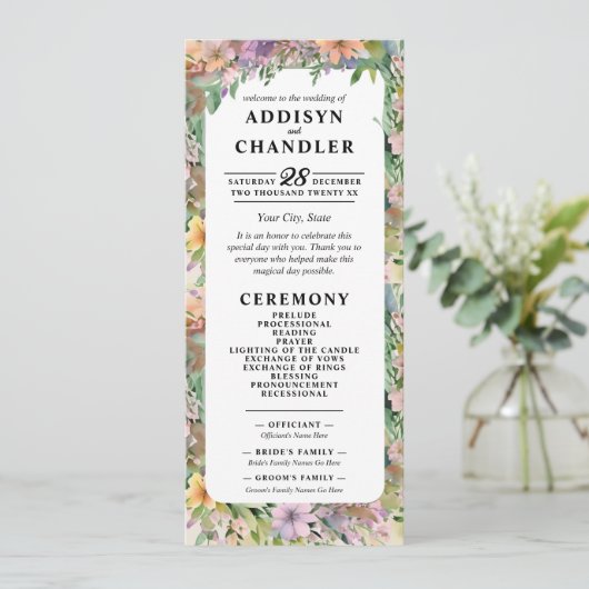 Whimsical Pastel Watercolor Wildblume Hochzeit Programm (Stehend Vorderseite)