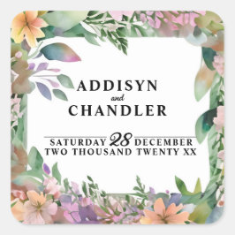 Whimsical Pastel Watercolor Wildblume Hochzeit Quadratischer Aufkleber