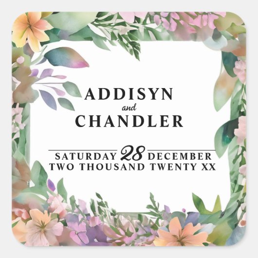 Whimsical Pastel Watercolor Wildblume Hochzeit Quadratischer Aufkleber (Vorderseite)