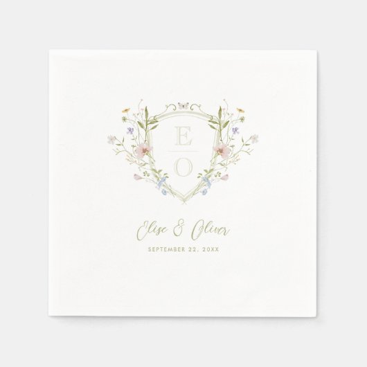 Whimsical Pastel Wildblume Wappen Hochzeit Serviette (Vorderseite)