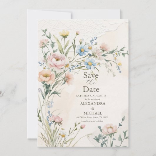 Whimsical Pastel Wildblume Wedding Save The Date (Vorderseite)
