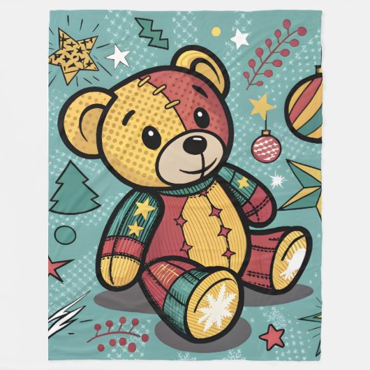 Whimsical Patchwork Christmas Teddy Bear Fleecedecke (Vorderseite)