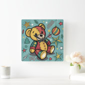 Whimsical Patchwork Christmas Teddy Bear Quadratische Wanduhr (Zuhause)