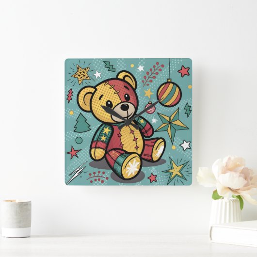 Whimsical Patchwork Christmas Teddy Bear Quadratische Wanduhr (Zuhause)