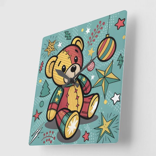 Whimsical Patchwork Christmas Teddy Bear Quadratische Wanduhr (Winkel)