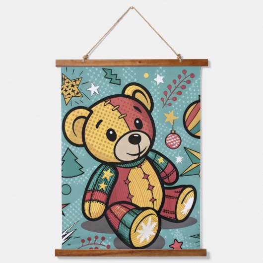 Whimsical Patchwork Christmas Teddy Bear Wandteppich Mit Holzrahmen (Vorderseite)