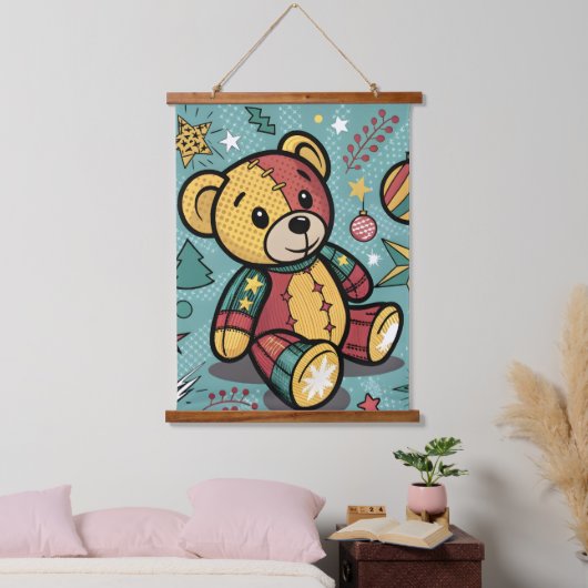 Whimsical Patchwork Christmas Teddy Bear Wandteppich Mit Holzrahmen (Schlafzimmer)