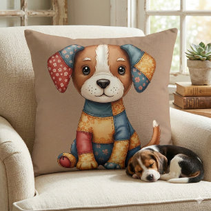 Whimsical Patchwork Puppy Folk Art Cottage Kissen
