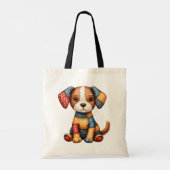 Whimsical Patchwork Puppy Folk Art Cottage Tragetasche (Rückseite)