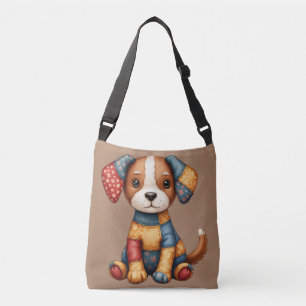 Whimsical Patchwork Puppy Folk Art Cottage Tragetaschen Mit Langen Trägern