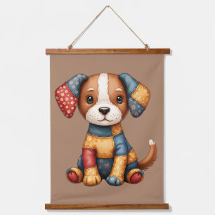 Whimsical Patchwork Puppy Folk Art Cottage Wandteppich Mit Holzrahmen