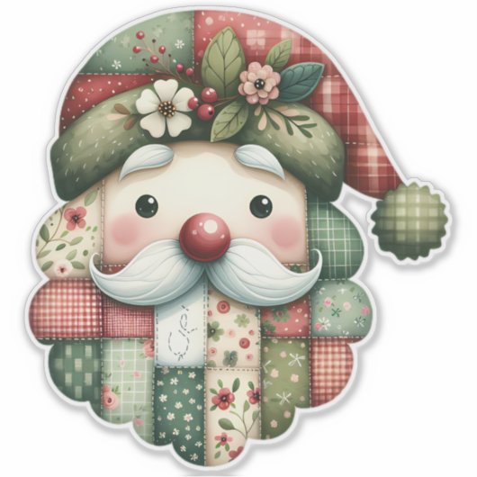Whimsical Patchwork Santa Folk Christmas Aufkleber (Vorderseite)