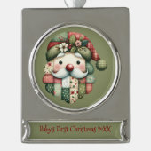 Whimsical Patchwork Santa Folk Christmas Banner-Ornament Silber (Vorderseite)