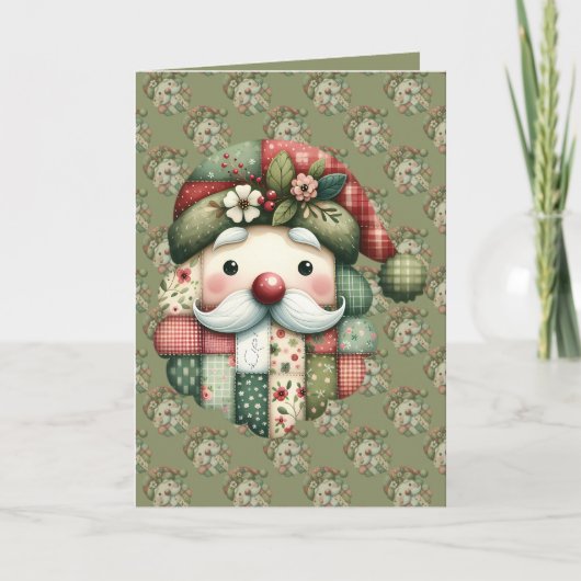 Whimsical Patchwork Santa Folk Christmas Card Dankeskarte (Vorderseite)