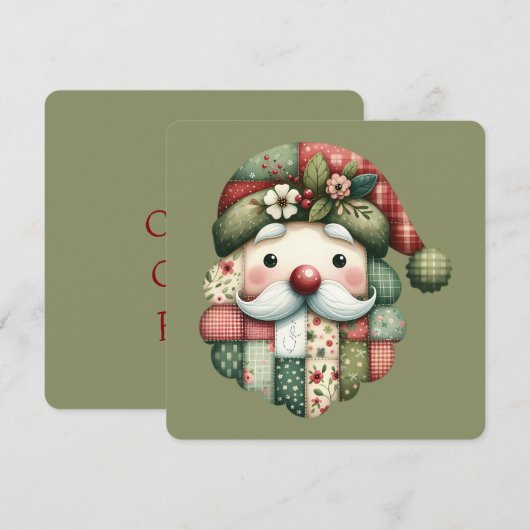 Whimsical Patchwork Santa Folk Christmas Flat Card (Vorne/Hinten)