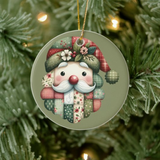 Whimsical Patchwork Santa Folk Christmas Keramik Ornament (Baum)